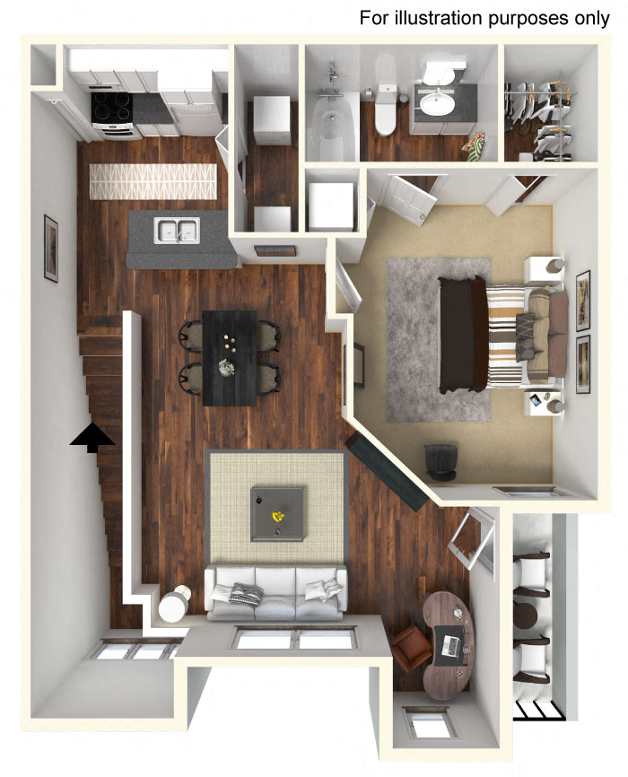 Floor plan for 1 bed, 1 bath, 810 sqft